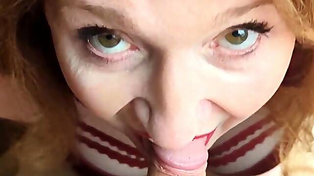 Lusty grandma in lingerie gives sensual blowjob in POV