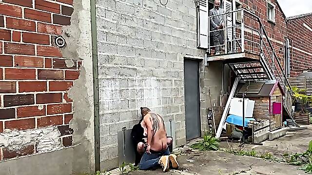 Busty brunette MILF in stockings Ellie is manhandled under the amazed eye of a voyeur