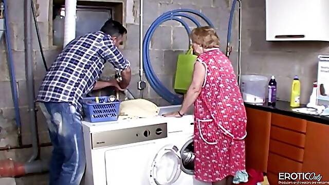 Busty blonde granny in stockings gets fucked hard by her neighbor