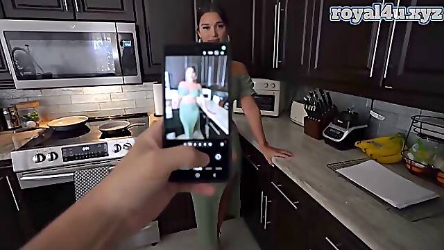 Hot Latina MILF with big pierced tits gets fucked in the kitchen by her stepson