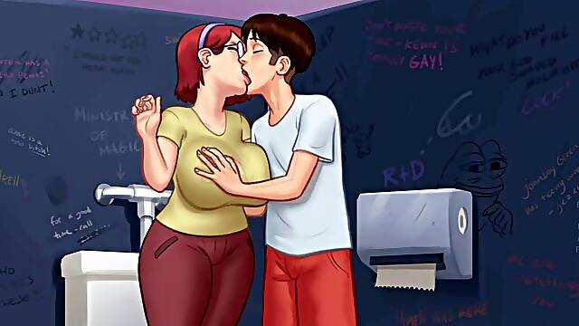 Anime step mom stays calm while nervously playing a dating game with her