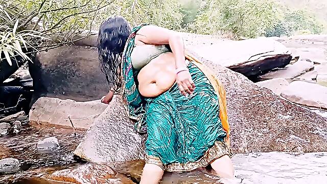 Silk Aunty Outdoor Bath Sex in Waterfall Telugu Dirty Talks.
