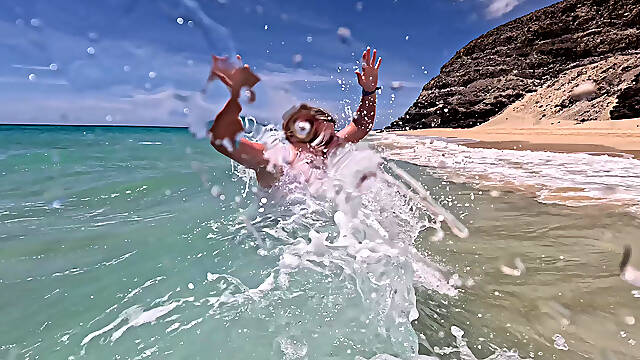 Girl Wetting Jeans in the Ocean and Swimming in Wet White T-shirt