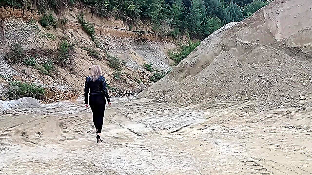 Grandma Is Walking Around a Gravel Pit in Tight Leggings and High Heels!